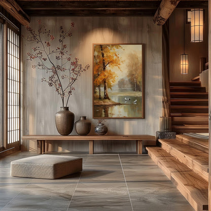Immerse yourself in the tranquil beauty of 'Autumn Serenity by the Lake'. This exquisite piece for Hall