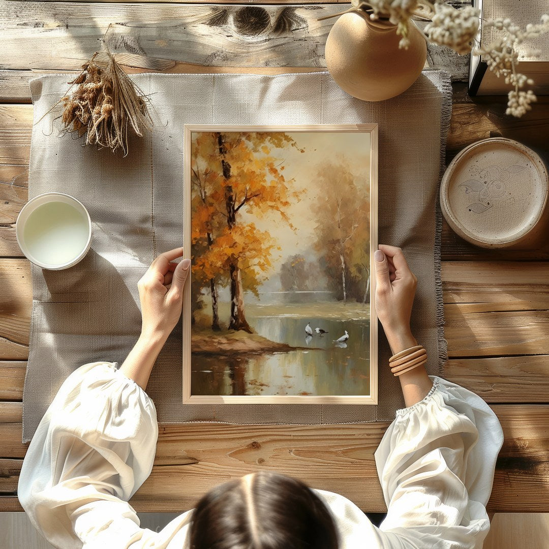 Immerse yourself in the tranquil beauty of 'Autumn Serenity by the Lake'. This exquisite piece for Kitchen