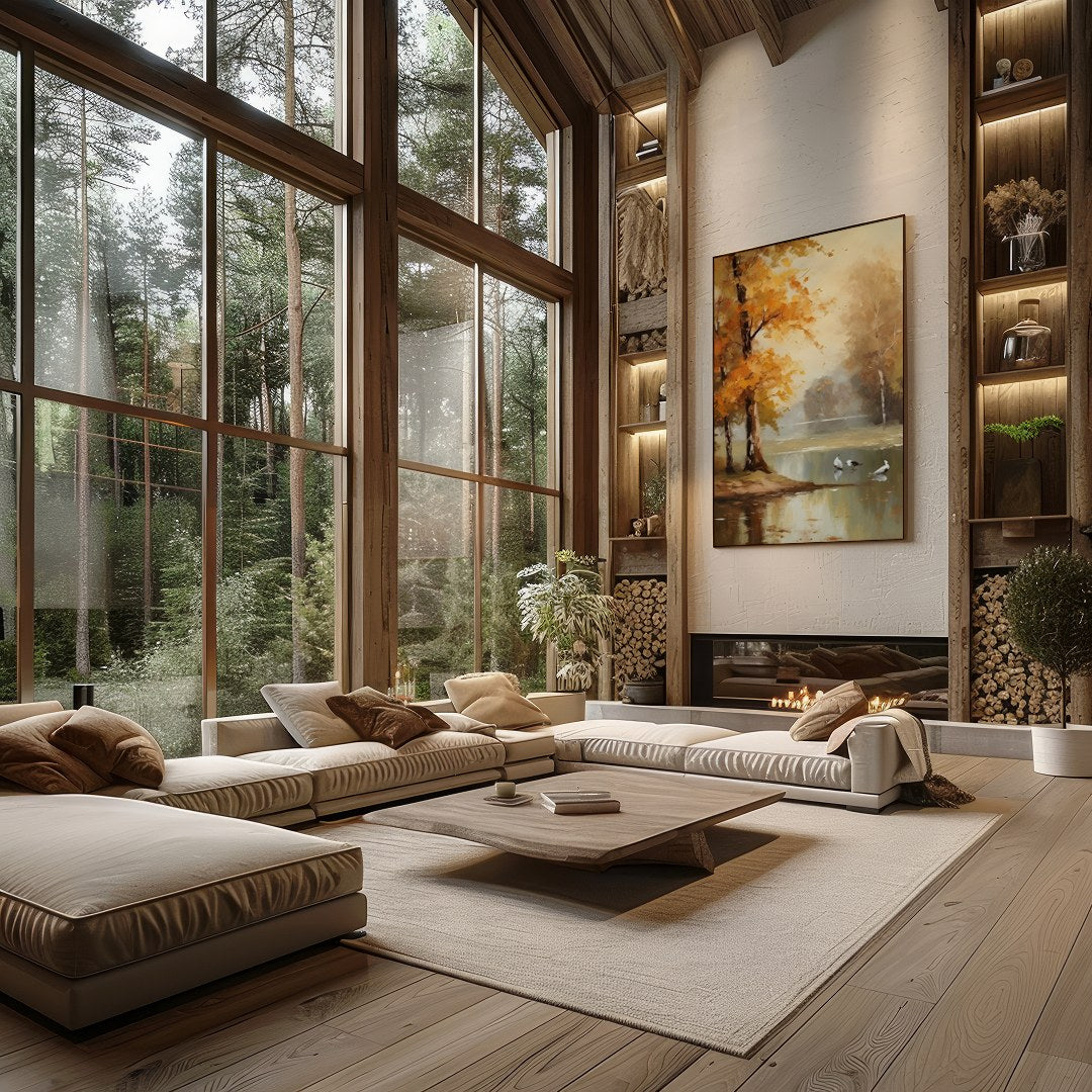 Immerse yourself in the tranquil beauty of 'Autumn Serenity by the Lake'. This exquisite piece for Living Room