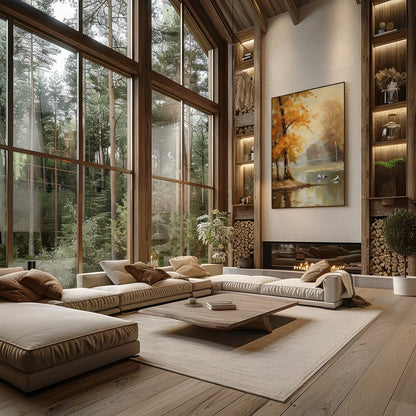 Immerse yourself in the tranquil beauty of 'Autumn Serenity by the Lake'. This exquisite piece for Living Room