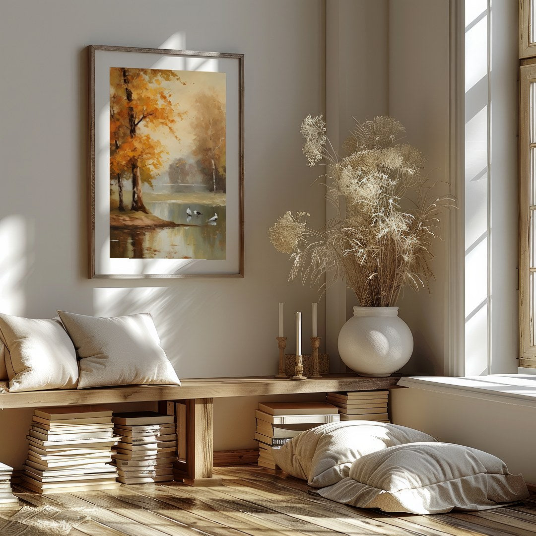 Immerse yourself in the tranquil beauty of 'Autumn Serenity by the Lake'. This exquisite piece for place