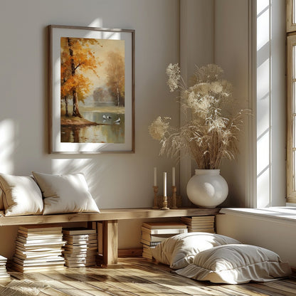 Immerse yourself in the tranquil beauty of 'Autumn Serenity by the Lake'. This exquisite piece for place