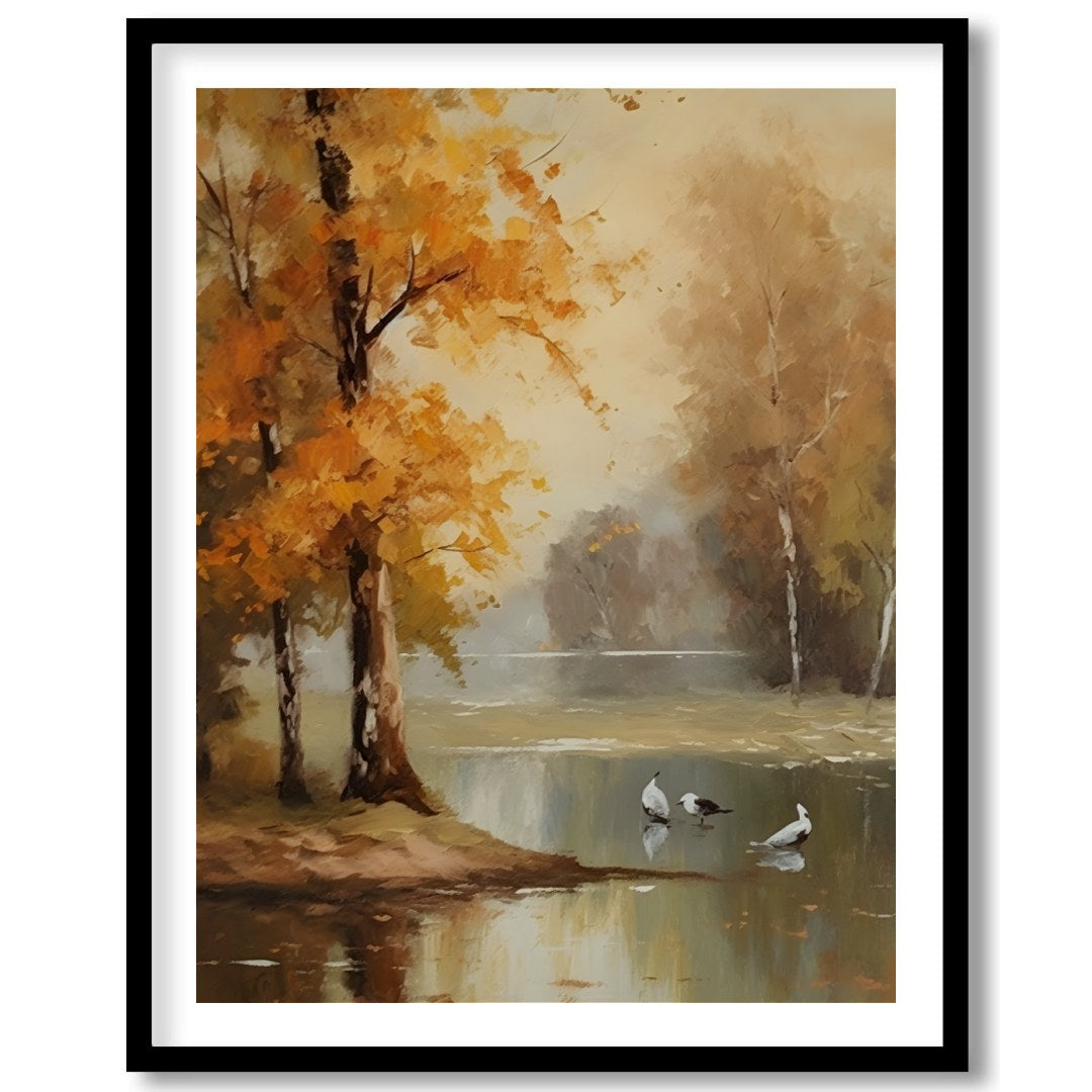 Immerse yourself in the tranquil beauty of 'Autumn Serenity by the Lake'. This exquisite piece for sanctuary