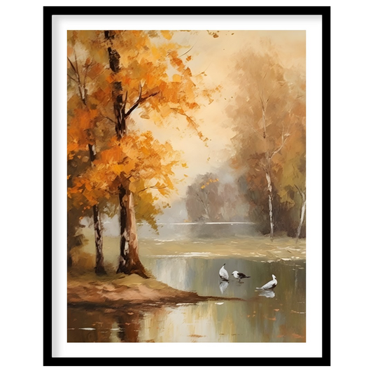 Immerse yourself in the tranquil beauty of 'Autumn Serenity by the Lake'. This exquisite piece for sanctuary