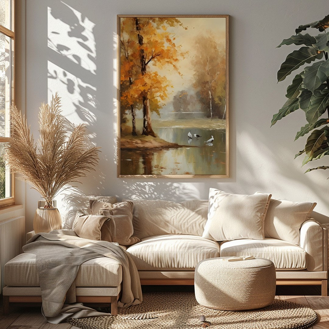 Immerse yourself in the tranquil beauty of 'Autumn Serenity by the Lake'. This exquisite piece for Sitting Area