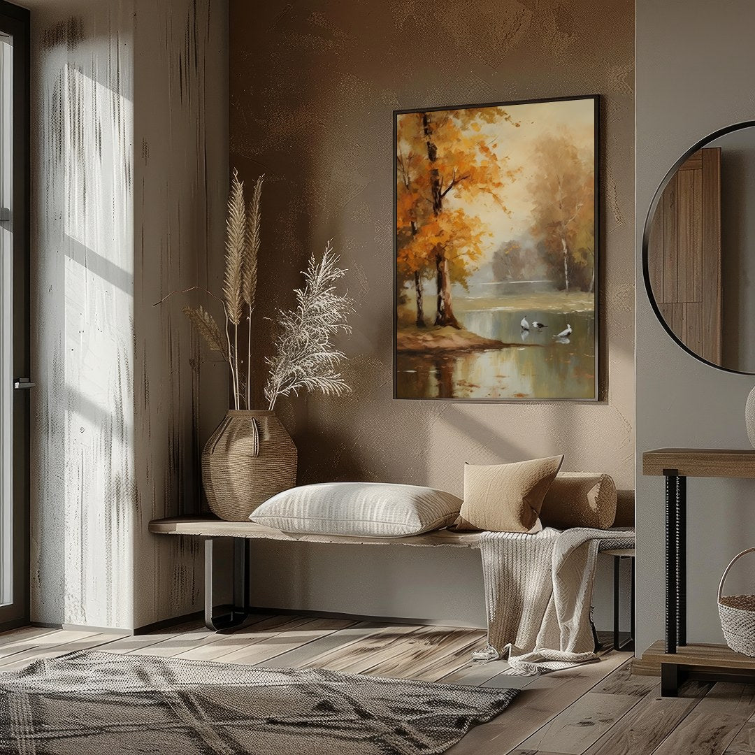 Immerse yourself in the tranquil beauty of 'Autumn Serenity by the Lake'. This exquisite piece for sweet-home