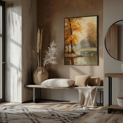 Immerse yourself in the tranquil beauty of 'Autumn Serenity by the Lake'. This exquisite piece for sweet-home