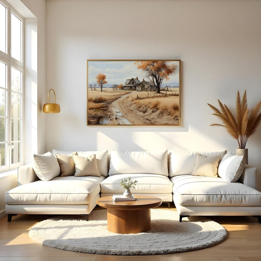 Discover the tranquil beauty of a rustic homestead surrounded by the warm hues of autumn. This for Living Room