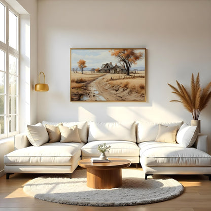 Discover the tranquil beauty of a rustic homestead surrounded by the warm hues of autumn. This for Living Room
