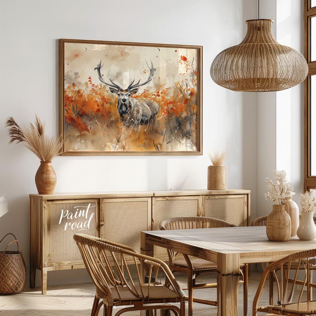 This striking watercolor painting captures a majestic stag with impressive antlers, standing proudl… for dining room