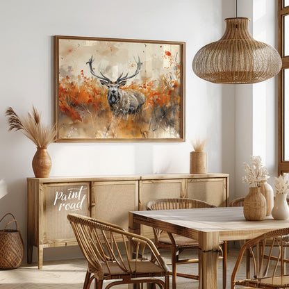 This striking watercolor painting captures a majestic stag with impressive antlers, standing proudl… for dining room