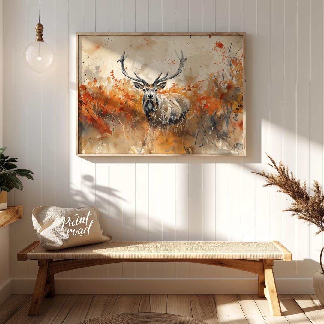 This striking watercolor painting captures a majestic stag with impressive antlers, standing proudl… for entryway