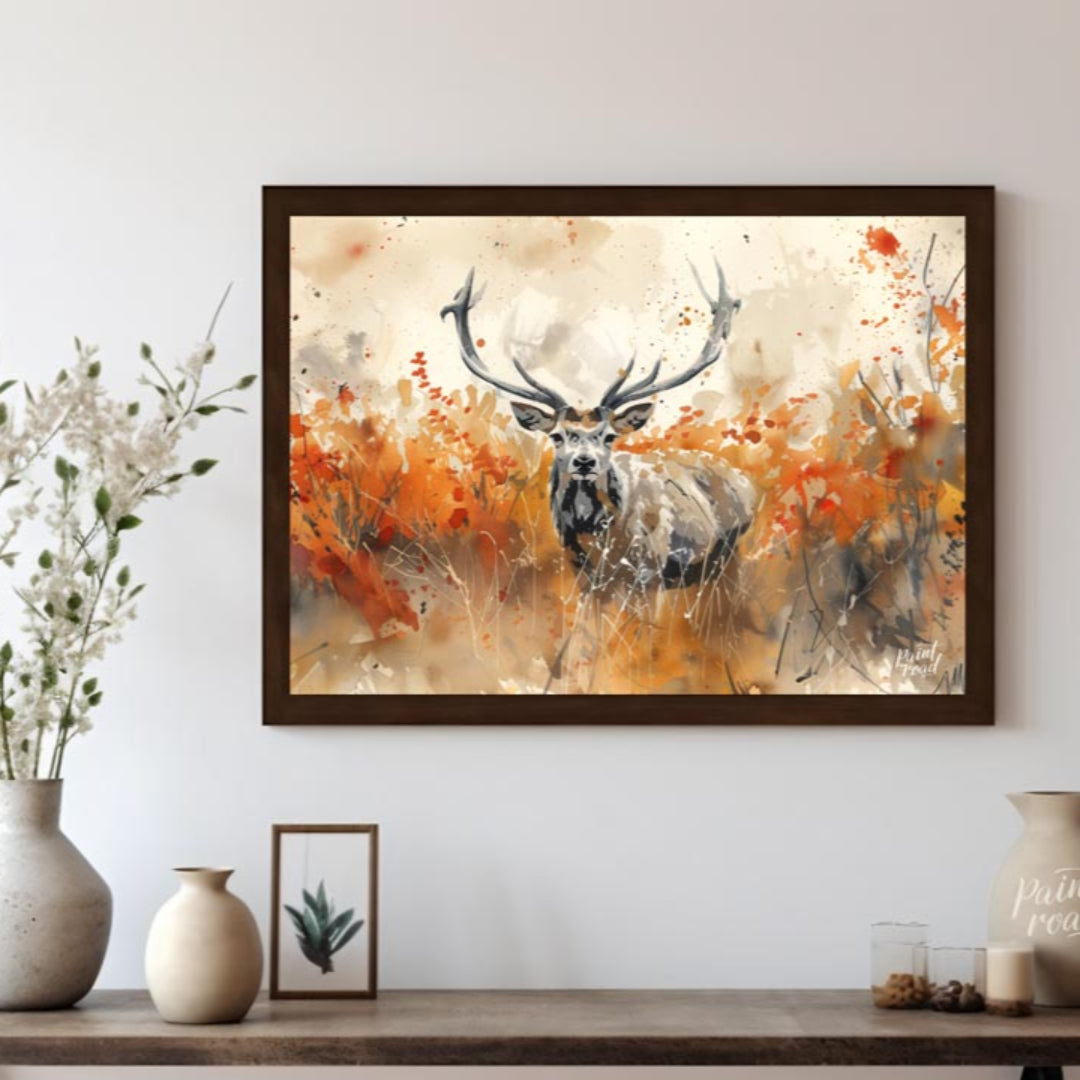 This striking watercolor painting captures a majestic stag with impressive antlers, standing proudl… for living room