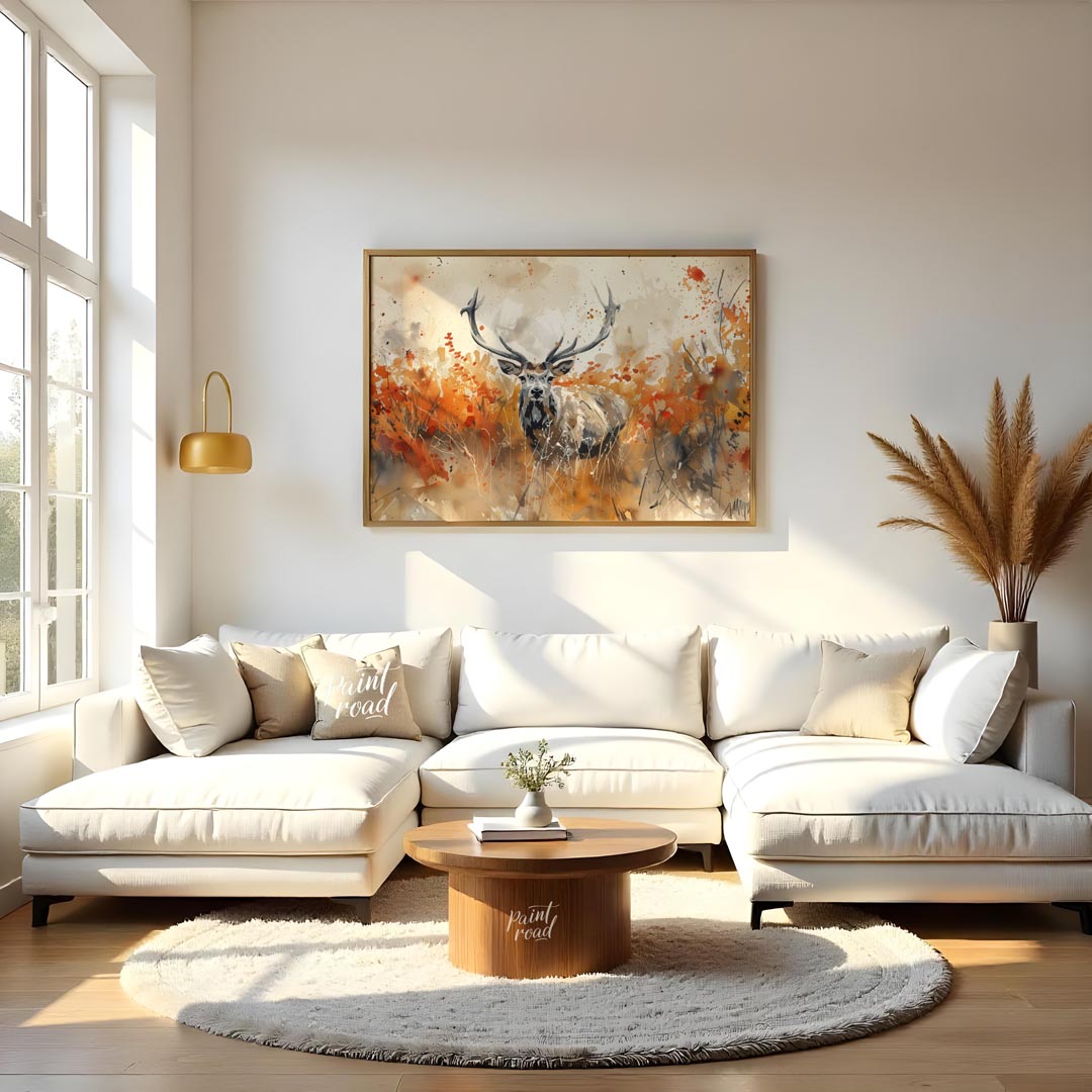 This striking watercolor painting captures a majestic stag with impressive antlers, standing proudl… for living room