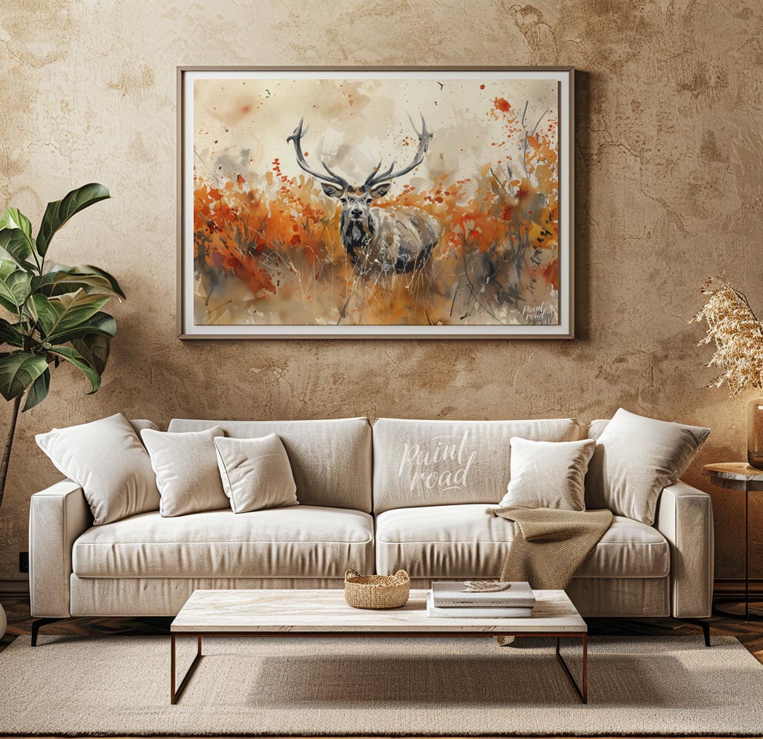 This striking watercolor painting captures a majestic stag with impressive antlers, standing proudl… for living room