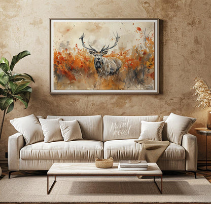 This striking watercolor painting captures a majestic stag with impressive antlers, standing proudl… for living room