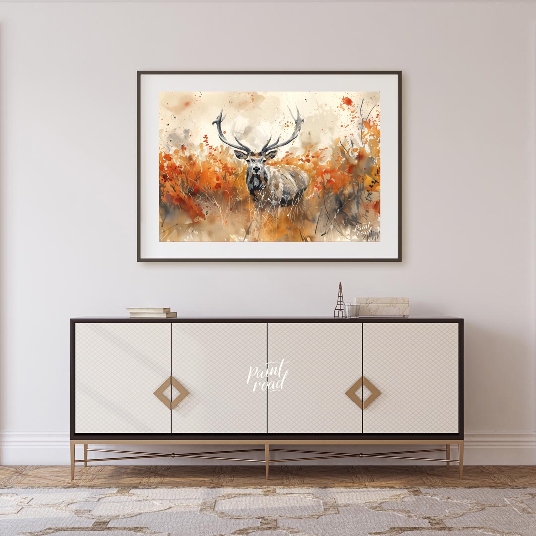 This striking watercolor painting captures a majestic stag with impressive antlers, standing proudl… for living room