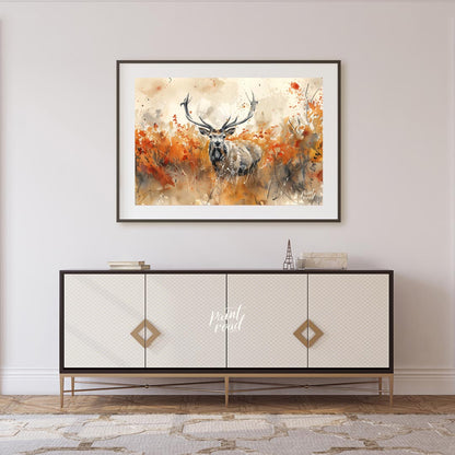 This striking watercolor painting captures a majestic stag with impressive antlers, standing proudl… for living room