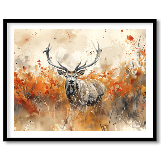 This striking watercolor painting captures a majestic stag with impressive antlers, standing proudl… for place