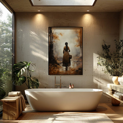 Immerse yourself in the tranquil beauty of an autumn walk with this captivating artwork. Featuring for Bathroom