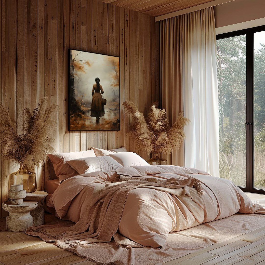 Immerse yourself in the tranquil beauty of an autumn walk with this captivating artwork. Featuring for Bedroom