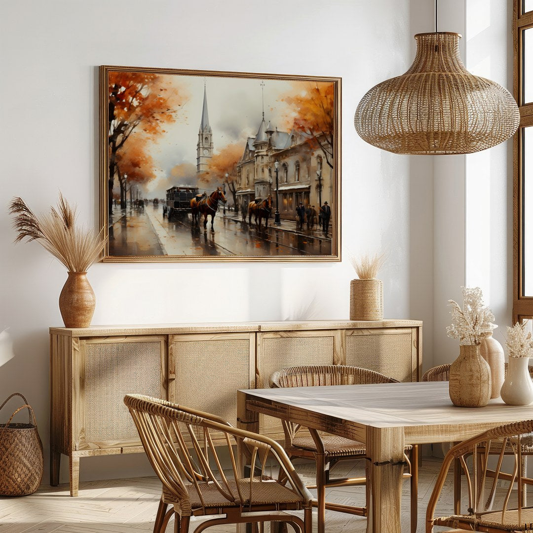 Immerse yourself in the nostalgic charm of this autumn street scene, where vibrant orange foliage for Dining