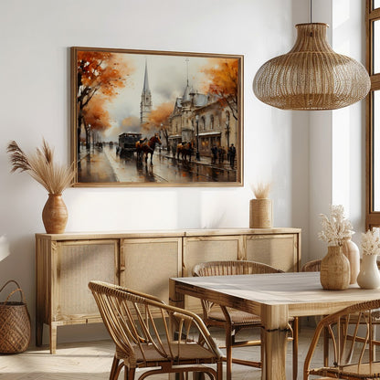 Immerse yourself in the nostalgic charm of this autumn street scene, where vibrant orange foliage for Dining