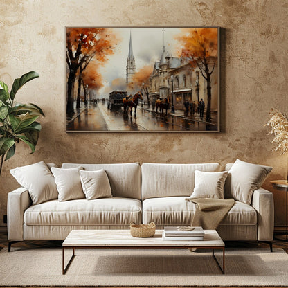 Immerse yourself in the nostalgic charm of this autumn street scene, where vibrant orange foliage for Family Room