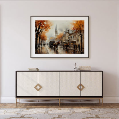 Immerse yourself in the nostalgic charm of this autumn street scene, where vibrant orange foliage for Foyer
