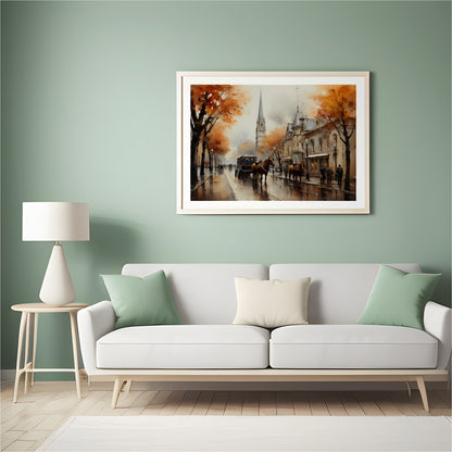 Immerse yourself in the nostalgic charm of this autumn street scene, where vibrant orange foliage for Hall