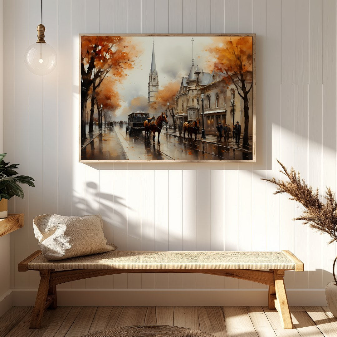Immerse yourself in the nostalgic charm of this autumn street scene, where vibrant orange foliage for Hallway