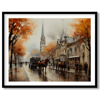 Immerse yourself in the nostalgic charm of this autumn street scene, where vibrant orange foliage for interior