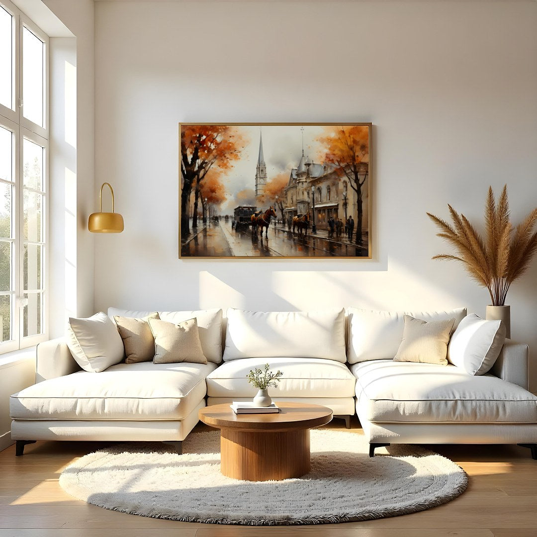 Immerse yourself in the nostalgic charm of this autumn street scene, where vibrant orange foliage for Living Room