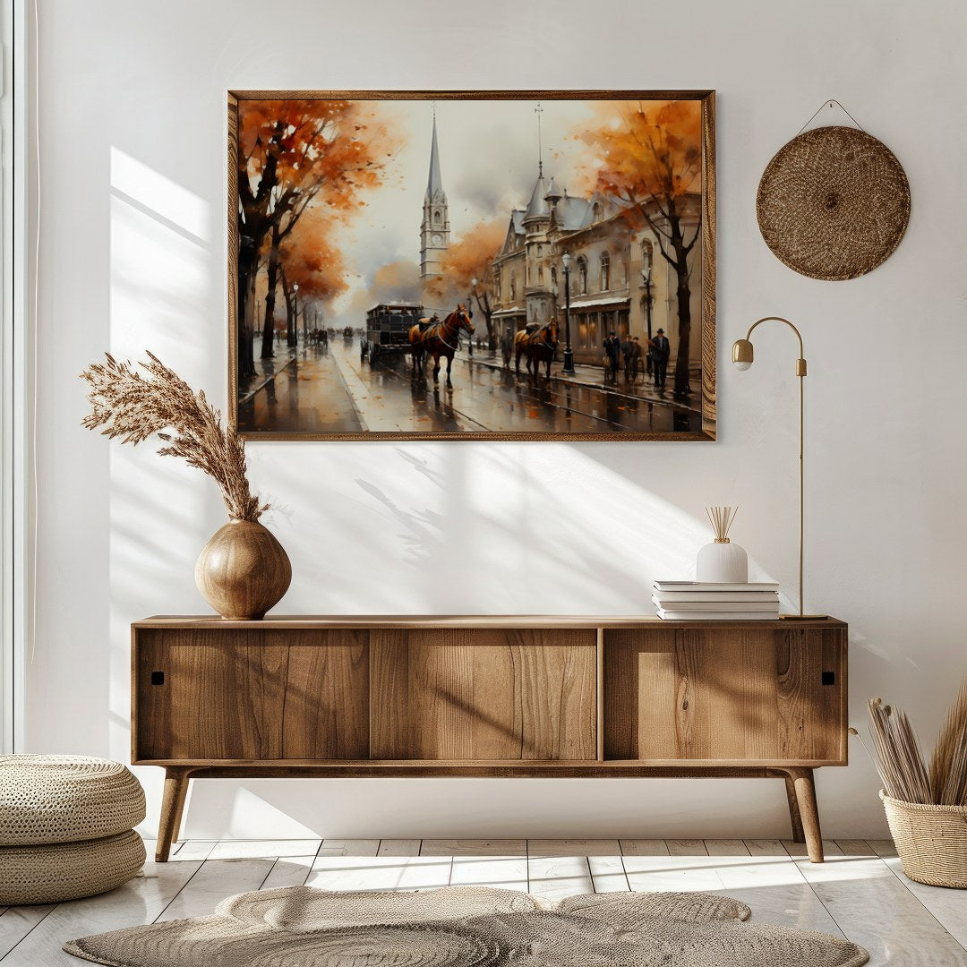 Immerse yourself in the nostalgic charm of this autumn street scene, where vibrant orange foliage for Sitting Area