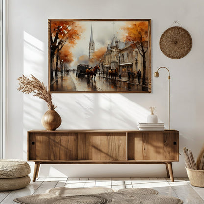 Immerse yourself in the nostalgic charm of this autumn street scene, where vibrant orange foliage for Sitting Area
