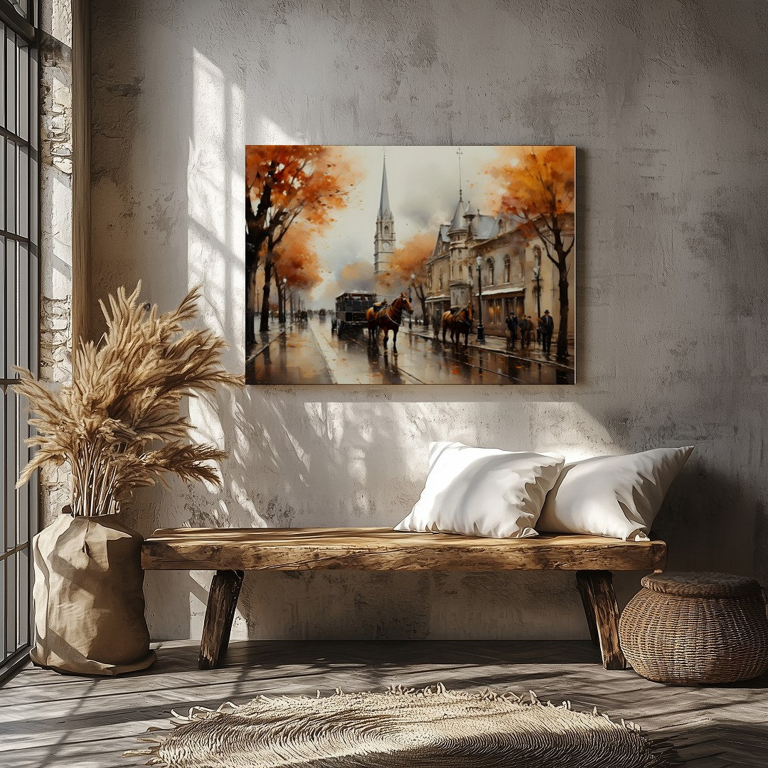 Immerse yourself in the nostalgic charm of this autumn street scene, where vibrant orange foliage for Veranda