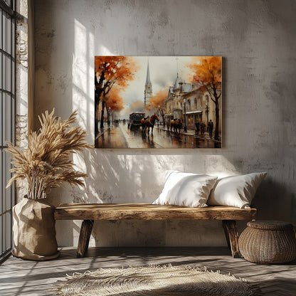 Immerse yourself in the nostalgic charm of this autumn street scene, where vibrant orange foliage for Veranda