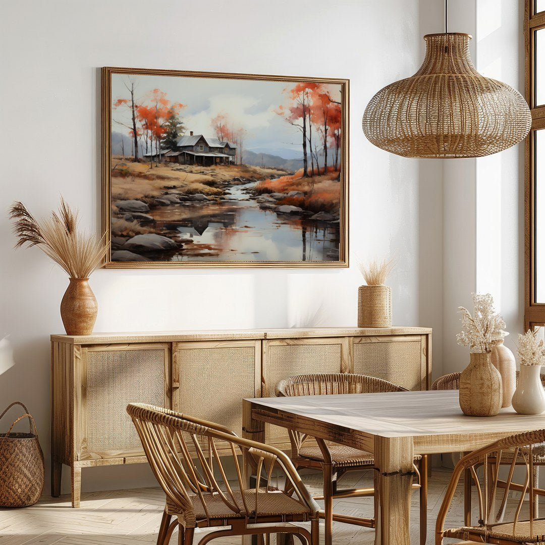This exquisite artwork portrays a rustic cabin nestled beside a serene creek, surrounded by the for Dining