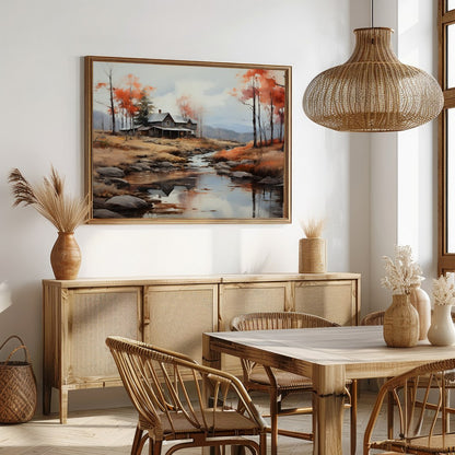 This exquisite artwork portrays a rustic cabin nestled beside a serene creek, surrounded by the for Dining