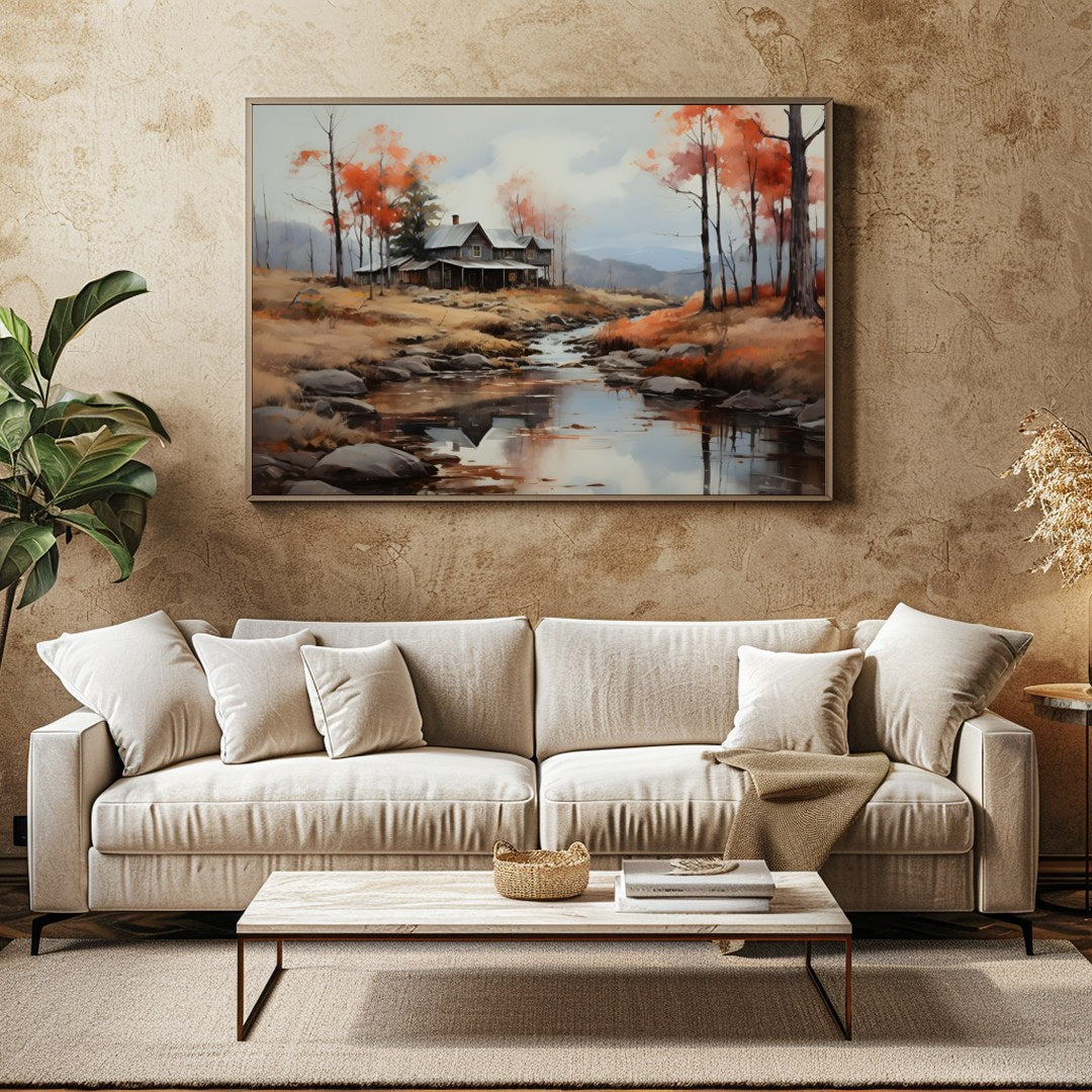 This exquisite artwork portrays a rustic cabin nestled beside a serene creek, surrounded by the for Family Room