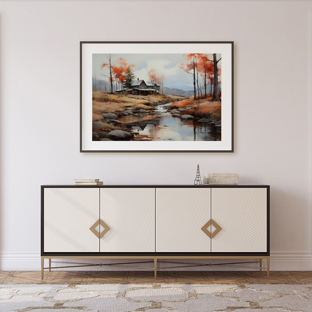 This exquisite artwork portrays a rustic cabin nestled beside a serene creek, surrounded by the for Foyer