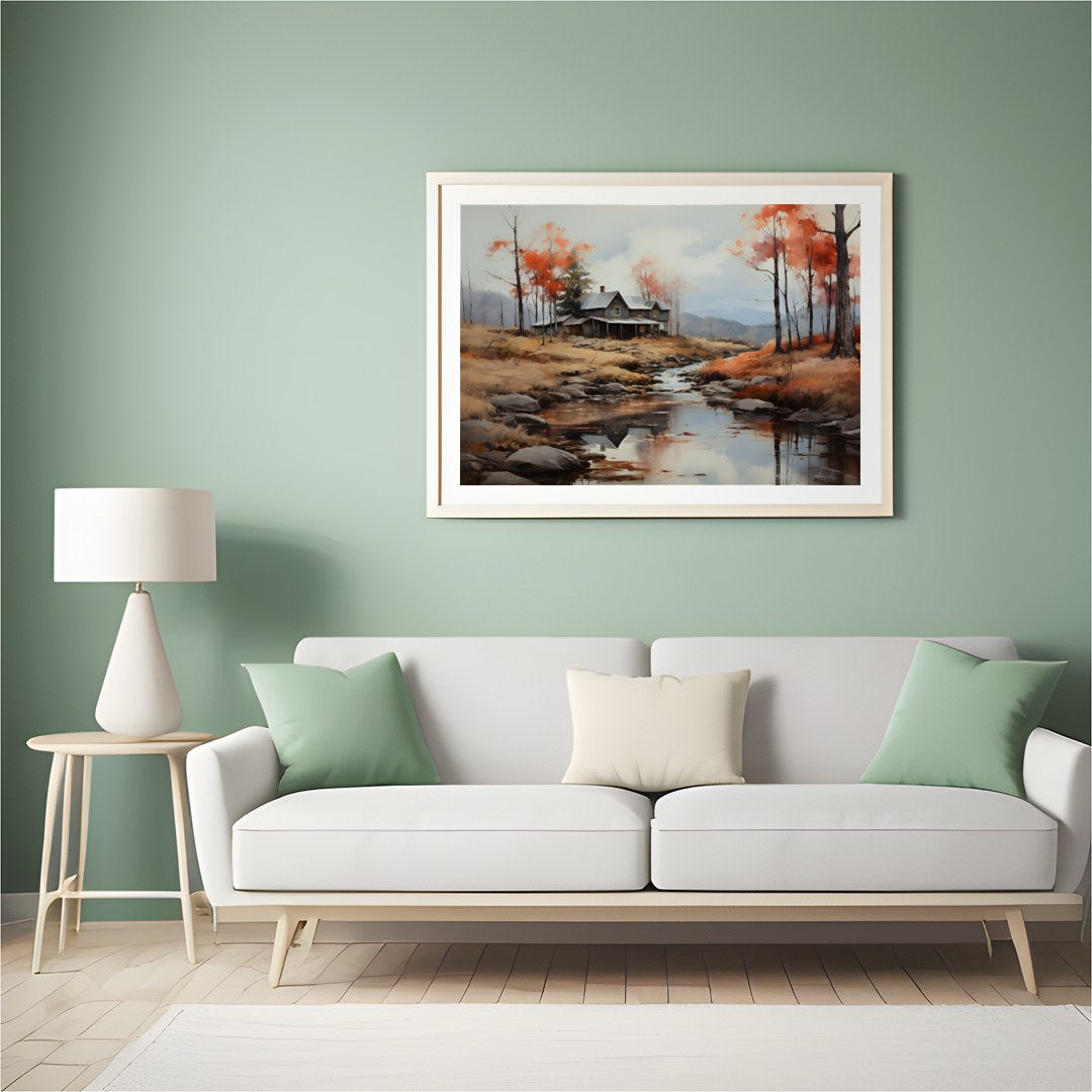 This exquisite artwork portrays a rustic cabin nestled beside a serene creek, surrounded by the for Hall