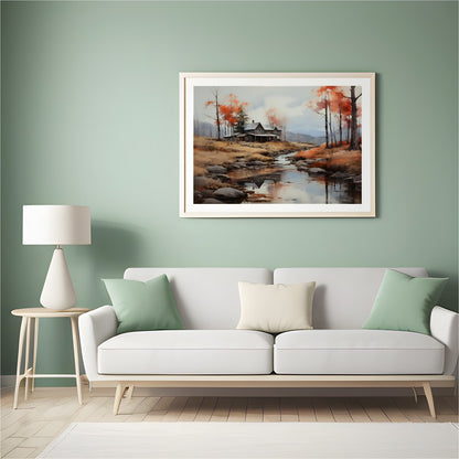 This exquisite artwork portrays a rustic cabin nestled beside a serene creek, surrounded by the for Hall