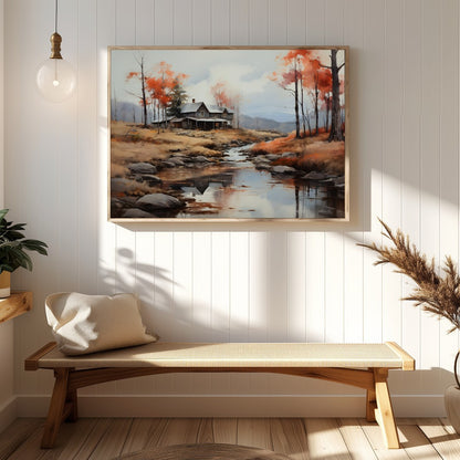 This exquisite artwork portrays a rustic cabin nestled beside a serene creek, surrounded by the for Hallway