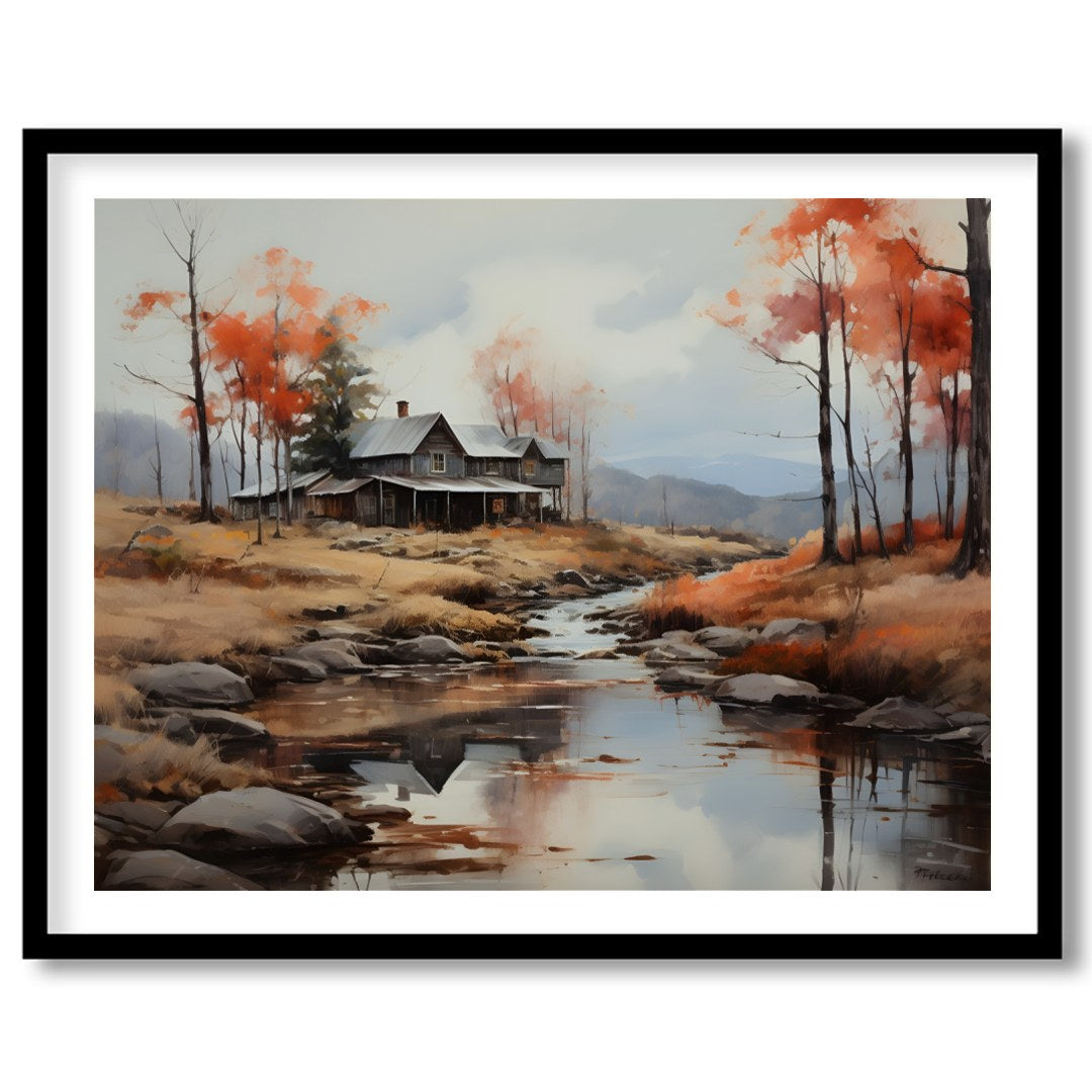 This exquisite artwork portrays a rustic cabin nestled beside a serene creek, surrounded by the for house