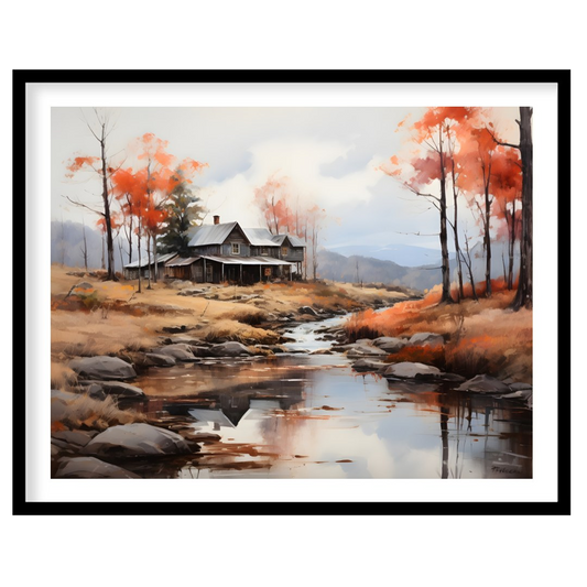 This exquisite artwork portrays a rustic cabin nestled beside a serene creek, surrounded by the for house