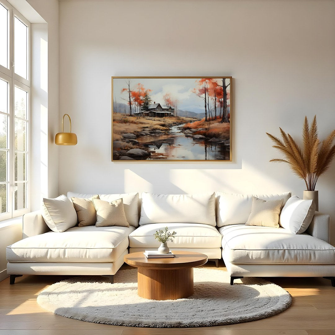 This exquisite artwork portrays a rustic cabin nestled beside a serene creek, surrounded by the for Living Room