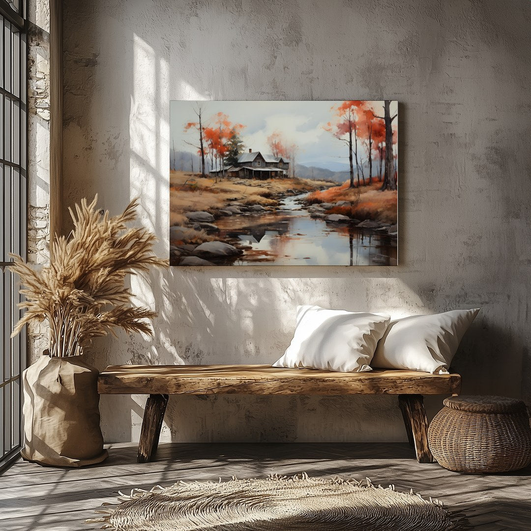 This exquisite artwork portrays a rustic cabin nestled beside a serene creek, surrounded by the for Veranda