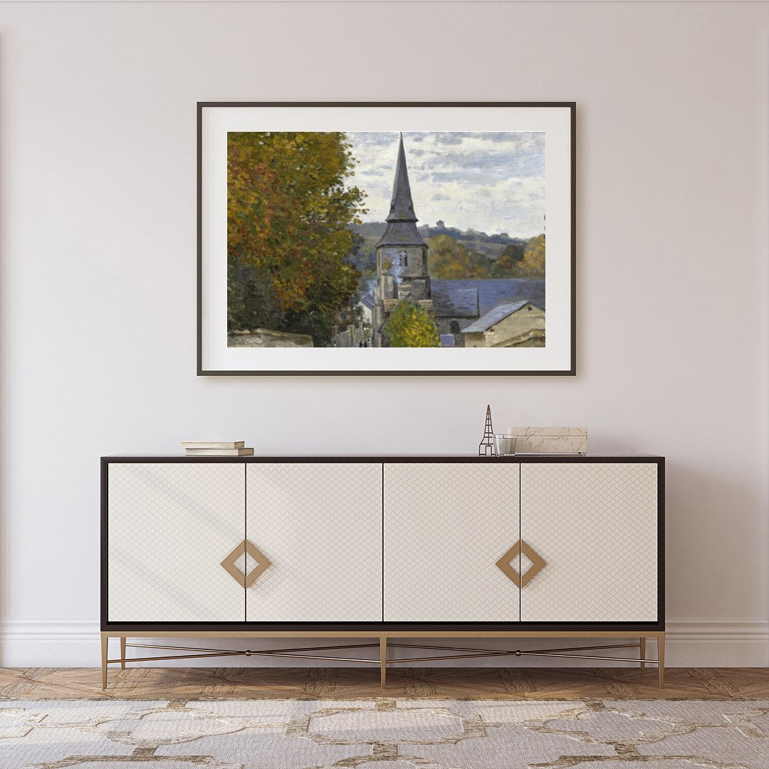 Immerse yourself in the serene beauty of this countryside village scene, where the golden hues of for Foyer