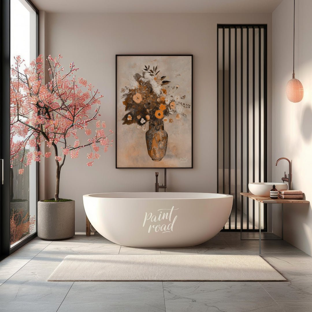 This artwork, titled “Autumnal Bouquet,” presents a still life of flowers in a vase rendered with a… for bathroom